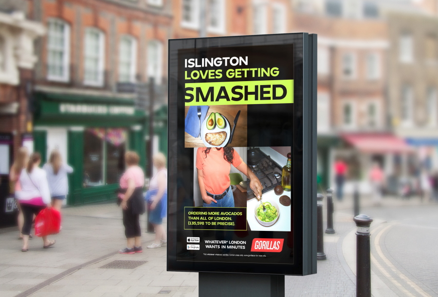 Gorillas 'Islington Loves Getting Smashed' digital poster on a London street