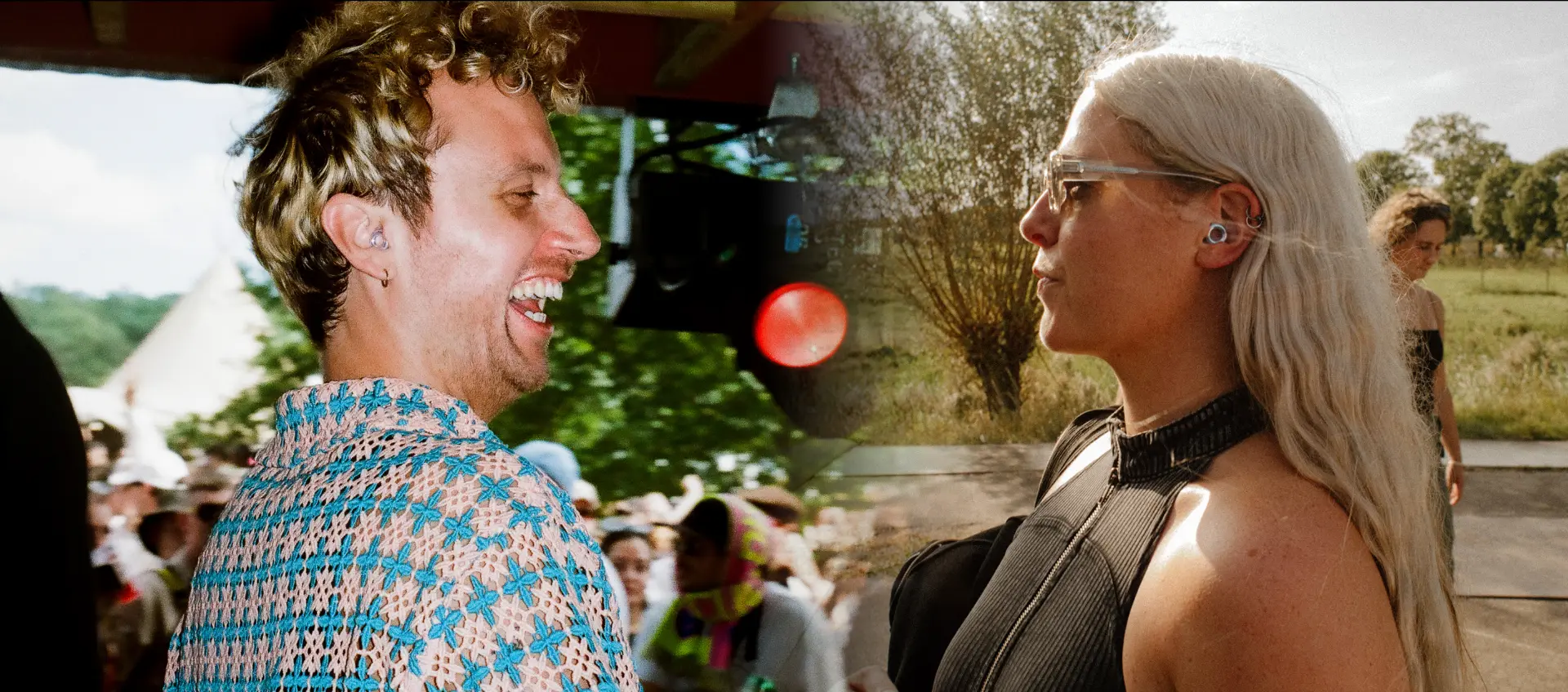 Loop Earplugs x Resident Advisor: two festival-goers wearing Loop earplugs outdoors