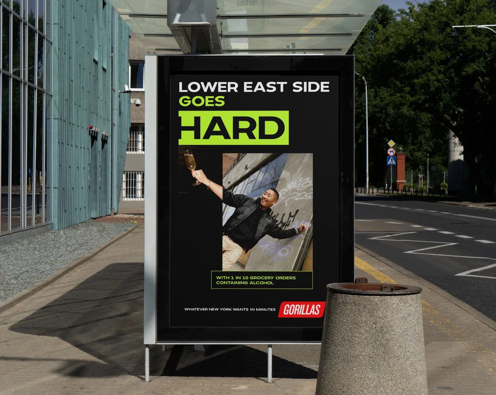 Gorillas 'Lower East Side Goes Hard' bus shelter poster in New York