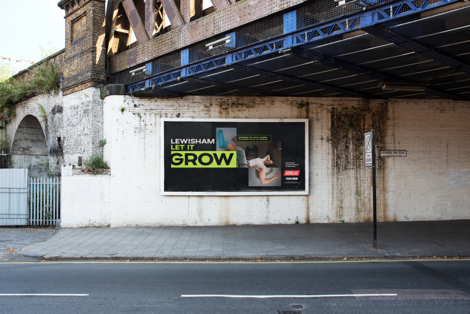 Gorillas 'Lewisham Let It Grow' billboard under a railway bridge in London